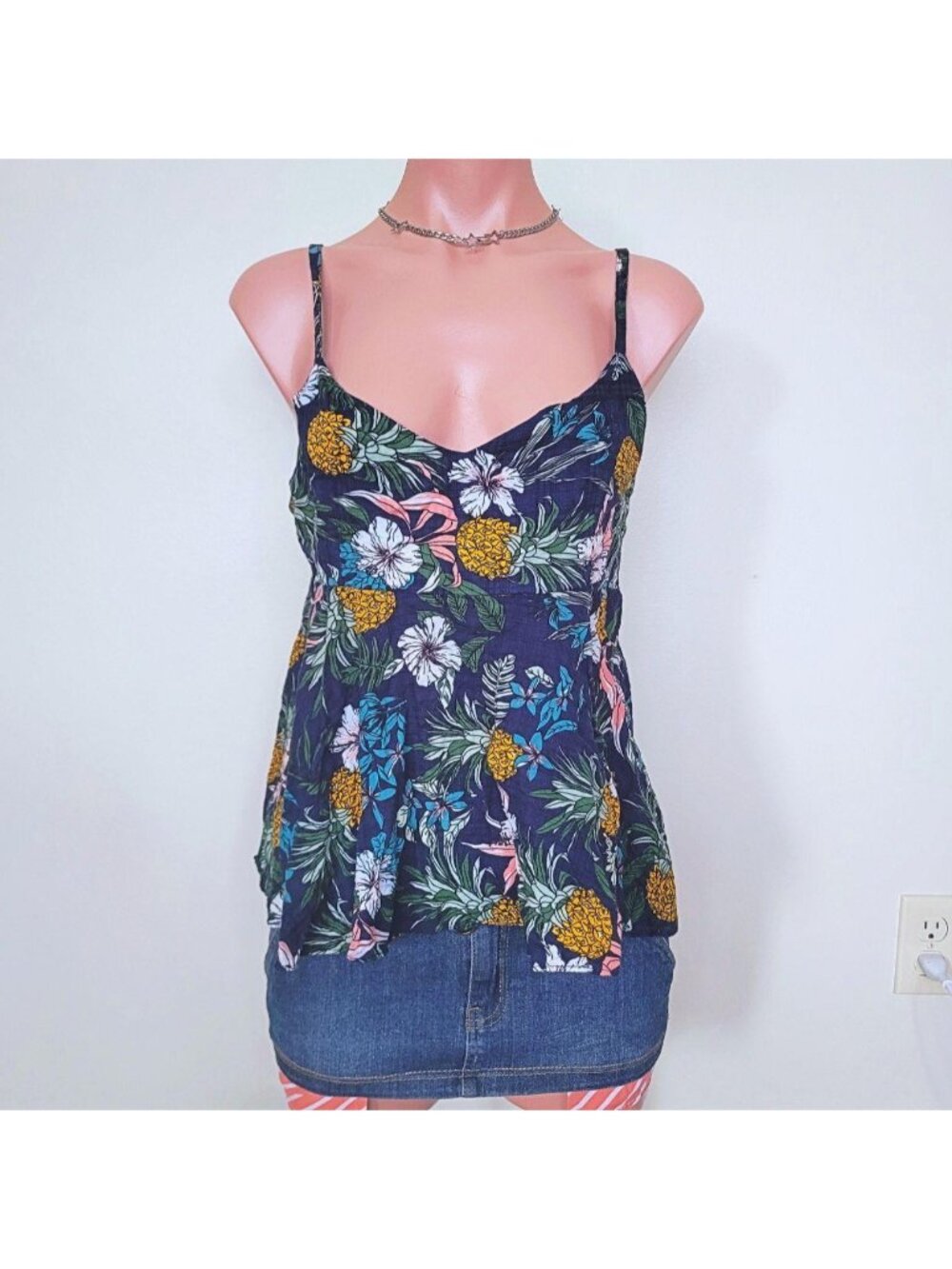 Bohemian Tropical Palm Floral Print Babydoll Strappy Tank Top (One Size)
